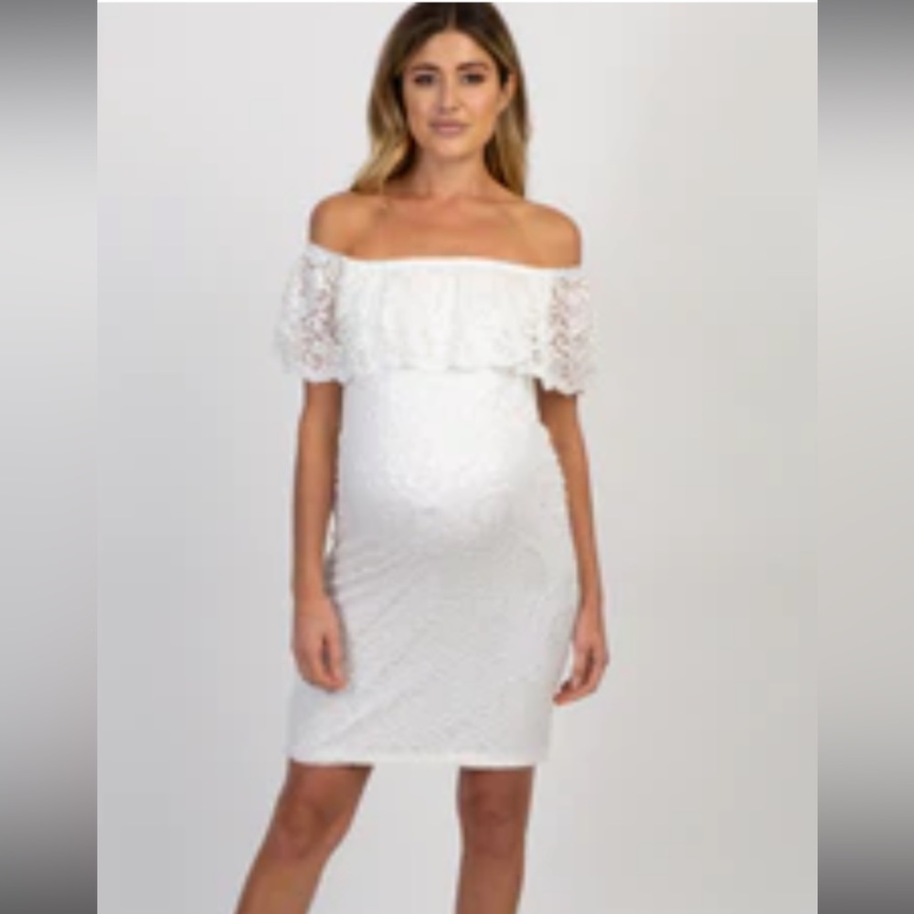 Pink Blush white lace off the shoulder maternity dress